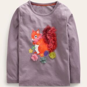 Boden Girls Applique Long Sleeve Tee T-shirt Squirrel Flowers Tulle Purple 8-9
